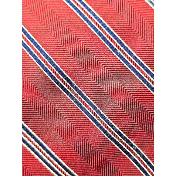 Lands End Red Striped Silk Tie With Herringbone Pattern Repp Burgundy Blue - Picture 3 of 5